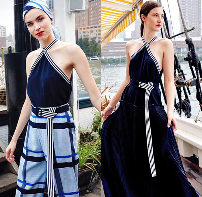 Lela Rose 2019 Spring Summer Womens Lookbook Presentation - New York Fashion Week NYFW -  Sailing Headscarf Blazer Pantsuit Gingham Check Plaid Shorts Flowers Floral Loungewear Wide Leg Palazzo Pants Trench Coat Halterneck Top Pinafore Maxi Dress Bold Stripes Accordion Pleats Split Half Vines Lace Broderie Anglaise Cutwork Macramé Embroidery Decorated Strapless Sheer Chiffon Capelet Pellegrina Gown Eveningwear