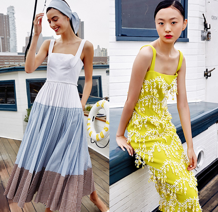 Lela Rose 2019 Spring Summer Womens Lookbook Presentation - New York Fashion Week NYFW -  Sailing Headscarf Blazer Pantsuit Gingham Check Plaid Shorts Flowers Floral Loungewear Wide Leg Palazzo Pants Trench Coat Halterneck Top Pinafore Maxi Dress Bold Stripes Accordion Pleats Split Half Vines Lace Broderie Anglaise Cutwork Macramé Embroidery Decorated Strapless Sheer Chiffon Capelet Pellegrina Gown Eveningwear