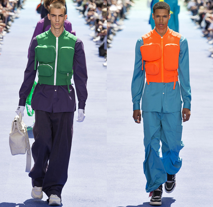 Louis Vuitton 2019 Spring Summer Mens Runway Catwalk Looks Collection Paris Fashion Week Homme France FHCM Virgil Abloh - Dorothy The Wizard Of Oz Abstract Metallic Plastic Streetwear White Fur Poncho Parka Anorak Suit Blazer Jacket Vest Mohair Knit Sweater Sweatshirt Straps Denim Jeans Quilted Bubble Coat Shorts Duffel Doctor's Bag Trainers Running Shoes Sneakers Fanny Pack Belt Bum Bag Canister Toiletry Bag Travel Kit Cargo Pockets Gloves High Tops Basketball Shoes Harness Holster Backpack