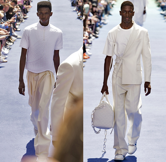 Louis Vuitton 2019 Spring Summer Mens Runway Catwalk Looks Collection Paris Fashion Week Homme France FHCM Virgil Abloh - Dorothy The Wizard Of Oz Abstract Metallic Plastic Streetwear White Fur Poncho Parka Anorak Suit Blazer Jacket Vest Mohair Knit Sweater Sweatshirt Straps Denim Jeans Quilted Bubble Coat Shorts Duffel Doctor's Bag Trainers Running Shoes Sneakers Fanny Pack Belt Bum Bag Canister Toiletry Bag Travel Kit Cargo Pockets Gloves High Tops Basketball Shoes Harness Holster Backpack