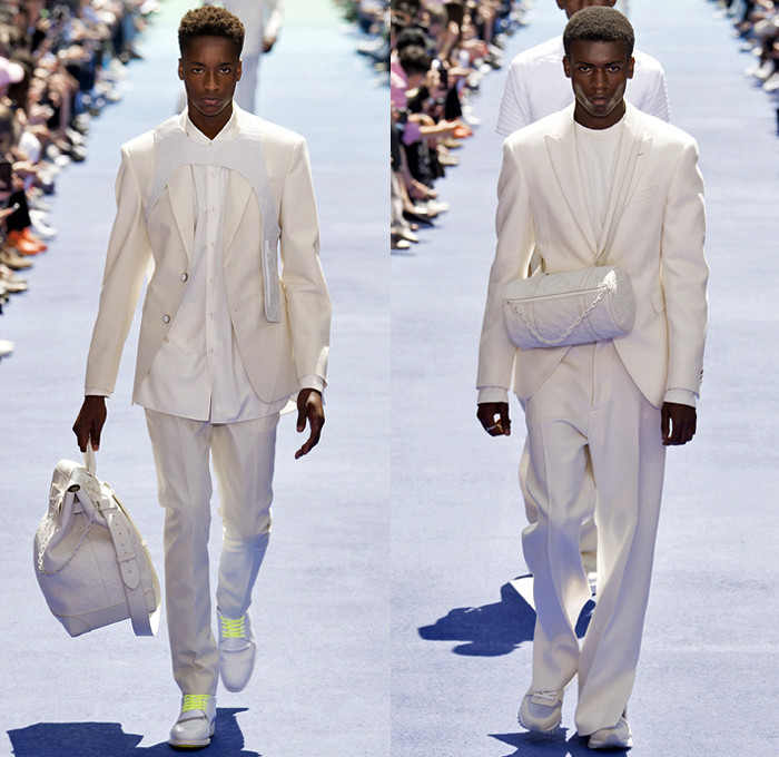 Louis Vuitton 2019 Spring Summer Mens Runway Catwalk Looks Collection Paris Fashion Week Homme France FHCM Virgil Abloh - Dorothy The Wizard Of Oz Abstract Metallic Plastic Streetwear White Fur Poncho Parka Anorak Suit Blazer Jacket Vest Mohair Knit Sweater Sweatshirt Straps Denim Jeans Quilted Bubble Coat Shorts Duffel Doctor's Bag Trainers Running Shoes Sneakers Fanny Pack Belt Bum Bag Canister Toiletry Bag Travel Kit Cargo Pockets Gloves High Tops Basketball Shoes Harness Holster Backpack