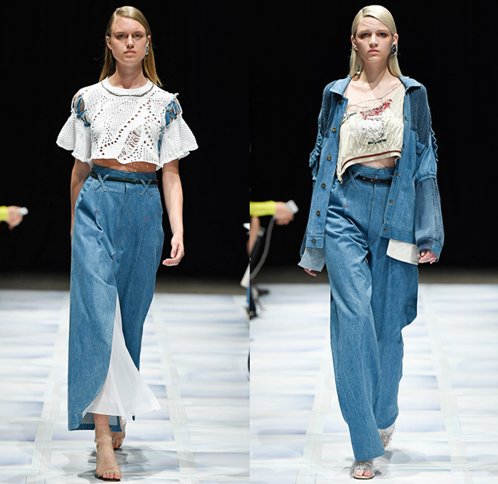 malamute by Mari Odaka 2019 Spring Summer Womens Runway Catwalk Looks - Amazon Fashion Week Tokyo Japan AmazonFWT - Knit Crochet Fishnet Weave Frayed Raw Hem Fringes Embroidery Destroyed Denim Jeans Jacket Skirt Crop Top Midriff Hook Eye Metal Ring Loop Sweaterdress Sheer Nautical Anchor Ship's Wheel Helm Print Velvet Long Sleeve Blouse Check Plaid Waves Stripes Accordion Pleats Stocking Socks Heels