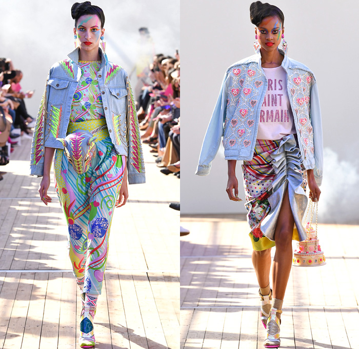 Manish Arora 2019 Spring Summer Womens Runway Catwalk Looks Collection - Mode à Paris Fashion Week France - Panther Love Hearts Bedazzled Sequins Embroidery Swarovski Crystals Ruffled Cinch Skirt Geometric Mix Patterns Decorative Art Sportswear Nylon Trackwear Tassels Strapless Dress Mesh Beads Bomber Jacket Flowers Floral Tie Up Knot Bow Wrap Gown Eveningwear Denim Jeans Wedding Cake Football Soccer Ball Handbag High Tops Sneakers 