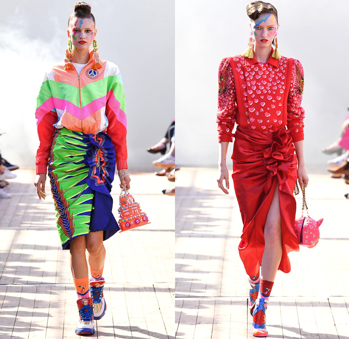 Manish Arora 2019 Spring Summer Womens Runway Catwalk Looks Collection - Mode à Paris Fashion Week France - Panther Love Hearts Bedazzled Sequins Embroidery Swarovski Crystals Ruffled Cinch Skirt Geometric Mix Patterns Decorative Art Sportswear Nylon Trackwear Tassels Strapless Dress Mesh Beads Bomber Jacket Flowers Floral Tie Up Knot Bow Wrap Gown Eveningwear Denim Jeans Wedding Cake Football Soccer Ball Handbag High Tops Sneakers 