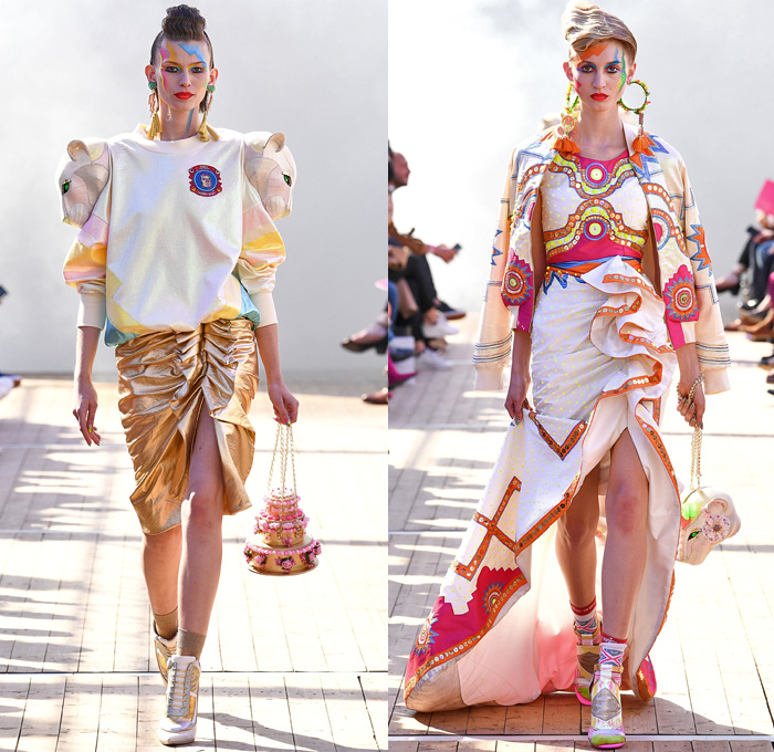 Manish Arora 2019 Spring Summer Womens Runway Catwalk Looks Collection - Mode à Paris Fashion Week France - Panther Love Hearts Bedazzled Sequins Embroidery Swarovski Crystals Ruffled Cinch Skirt Geometric Mix Patterns Decorative Art Sportswear Nylon Trackwear Tassels Strapless Dress Mesh Beads Bomber Jacket Flowers Floral Tie Up Knot Bow Wrap Gown Eveningwear Denim Jeans Wedding Cake Football Soccer Ball Handbag High Tops Sneakers 