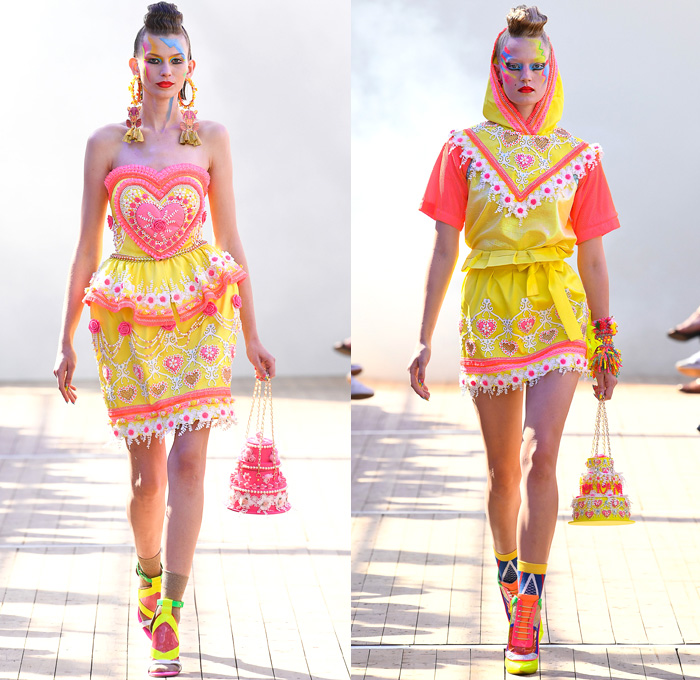 Manish Arora 2019 Spring Summer Womens Runway Catwalk Looks Collection - Mode à Paris Fashion Week France - Panther Love Hearts Bedazzled Sequins Embroidery Swarovski Crystals Ruffled Cinch Skirt Geometric Mix Patterns Decorative Art Sportswear Nylon Trackwear Tassels Strapless Dress Mesh Beads Bomber Jacket Flowers Floral Tie Up Knot Bow Wrap Gown Eveningwear Denim Jeans Wedding Cake Football Soccer Ball Handbag High Tops Sneakers 