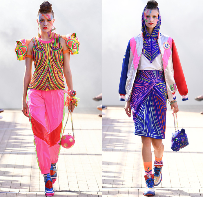 Manish Arora 2019 Spring Summer Womens Runway Catwalk Looks Collection - Mode à Paris Fashion Week France - Panther Love Hearts Bedazzled Sequins Embroidery Swarovski Crystals Ruffled Cinch Skirt Geometric Mix Patterns Decorative Art Sportswear Nylon Trackwear Tassels Strapless Dress Mesh Beads Bomber Jacket Flowers Floral Tie Up Knot Bow Wrap Gown Eveningwear Denim Jeans Wedding Cake Football Soccer Ball Handbag High Tops Sneakers 