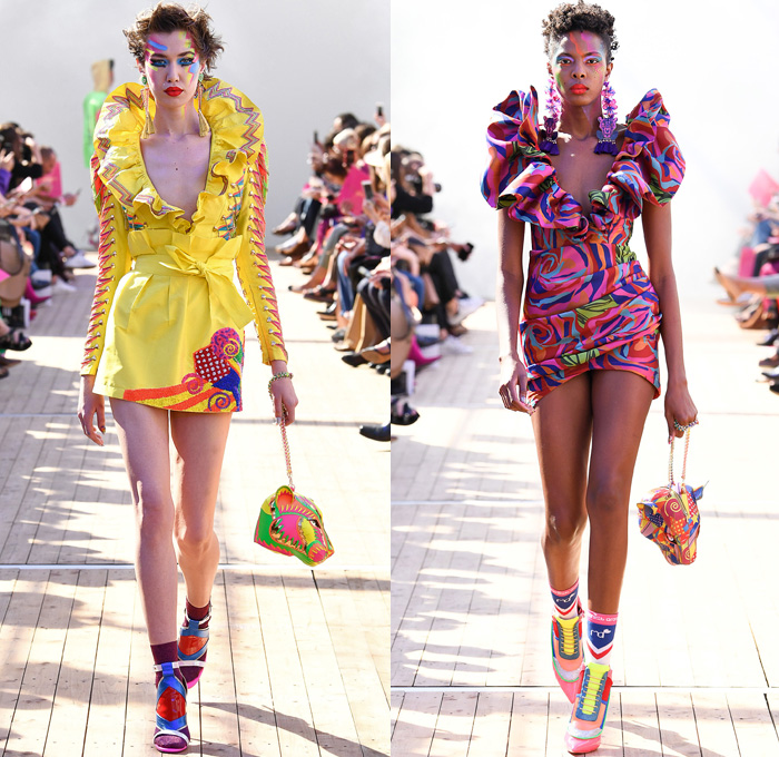 Manish Arora 2019 Spring Summer Womens Runway Catwalk Looks Collection - Mode à Paris Fashion Week France - Panther Love Hearts Bedazzled Sequins Embroidery Swarovski Crystals Ruffled Cinch Skirt Geometric Mix Patterns Decorative Art Sportswear Nylon Trackwear Tassels Strapless Dress Mesh Beads Bomber Jacket Flowers Floral Tie Up Knot Bow Wrap Gown Eveningwear Denim Jeans Wedding Cake Football Soccer Ball Handbag High Tops Sneakers 