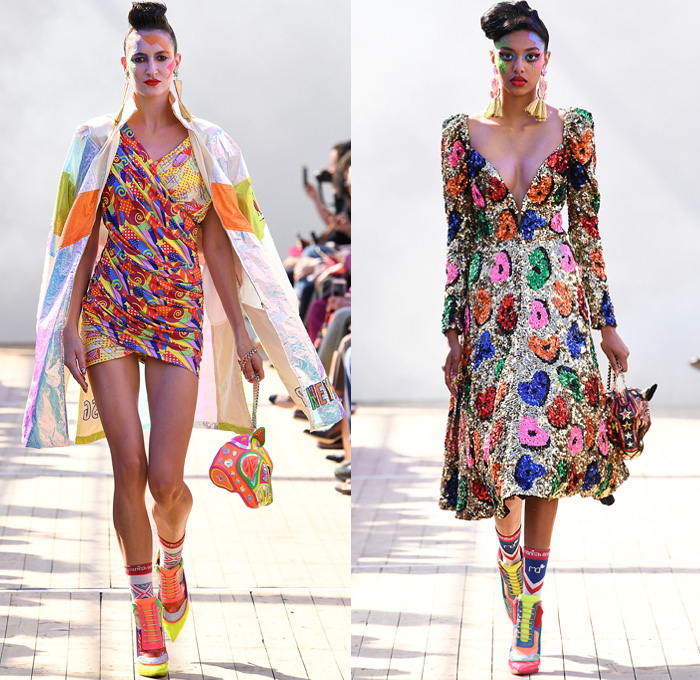 Manish Arora 2019 Spring Summer Womens Runway Catwalk Looks Collection - Mode à Paris Fashion Week France - Panther Love Hearts Bedazzled Sequins Embroidery Swarovski Crystals Ruffled Cinch Skirt Geometric Mix Patterns Decorative Art Sportswear Nylon Trackwear Tassels Strapless Dress Mesh Beads Bomber Jacket Flowers Floral Tie Up Knot Bow Wrap Gown Eveningwear Denim Jeans Wedding Cake Football Soccer Ball Handbag High Tops Sneakers 