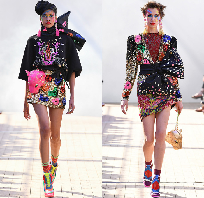 Manish Arora 2019 Spring Summer Womens Runway Catwalk Looks Collection - Mode à Paris Fashion Week France - Panther Love Hearts Bedazzled Sequins Embroidery Swarovski Crystals Ruffled Cinch Skirt Geometric Mix Patterns Decorative Art Sportswear Nylon Trackwear Tassels Strapless Dress Mesh Beads Bomber Jacket Flowers Floral Tie Up Knot Bow Wrap Gown Eveningwear Denim Jeans Wedding Cake Football Soccer Ball Handbag High Tops Sneakers 