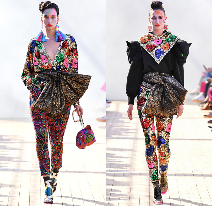 Manish Arora 2019 Spring Summer Womens Runway Catwalk Looks Collection - Mode à Paris Fashion Week France - Panther Love Hearts Bedazzled Sequins Embroidery Swarovski Crystals Ruffled Cinch Skirt Geometric Mix Patterns Decorative Art Sportswear Nylon Trackwear Tassels Strapless Dress Mesh Beads Bomber Jacket Flowers Floral Tie Up Knot Bow Wrap Gown Eveningwear Denim Jeans Wedding Cake Football Soccer Ball Handbag High Tops Sneakers 