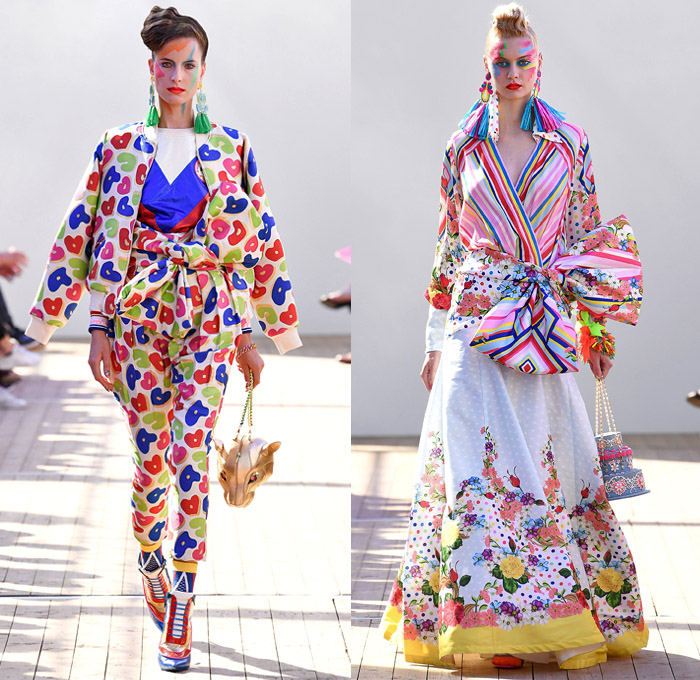 Manish Arora 2019 Spring Summer Womens Runway Catwalk Looks Collection - Mode à Paris Fashion Week France - Panther Love Hearts Bedazzled Sequins Embroidery Swarovski Crystals Ruffled Cinch Skirt Geometric Mix Patterns Decorative Art Sportswear Nylon Trackwear Tassels Strapless Dress Mesh Beads Bomber Jacket Flowers Floral Tie Up Knot Bow Wrap Gown Eveningwear Denim Jeans Wedding Cake Football Soccer Ball Handbag High Tops Sneakers 