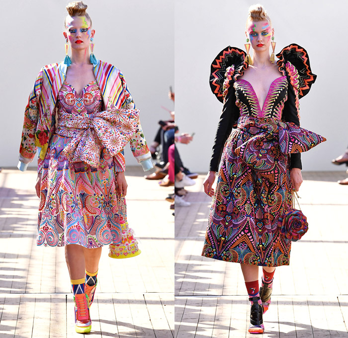 Manish Arora 2019 Spring Summer Womens Runway Catwalk Looks Collection - Mode à Paris Fashion Week France - Panther Love Hearts Bedazzled Sequins Embroidery Swarovski Crystals Ruffled Cinch Skirt Geometric Mix Patterns Decorative Art Sportswear Nylon Trackwear Tassels Strapless Dress Mesh Beads Bomber Jacket Flowers Floral Tie Up Knot Bow Wrap Gown Eveningwear Denim Jeans Wedding Cake Football Soccer Ball Handbag High Tops Sneakers 