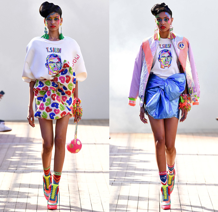 Manish Arora 2019 Spring Summer Womens Runway Catwalk Looks Collection - Mode à Paris Fashion Week France - Panther Love Hearts Bedazzled Sequins Embroidery Swarovski Crystals Ruffled Cinch Skirt Geometric Mix Patterns Decorative Art Sportswear Nylon Trackwear Tassels Strapless Dress Mesh Beads Bomber Jacket Flowers Floral Tie Up Knot Bow Wrap Gown Eveningwear Denim Jeans Wedding Cake Football Soccer Ball Handbag High Tops Sneakers 