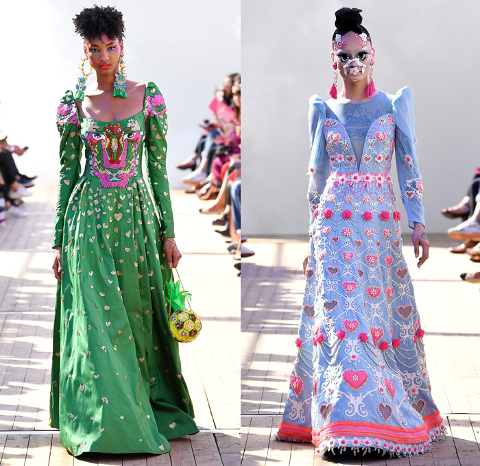 Manish Arora 2019 Spring Summer Womens Runway Catwalk Looks Collection - Mode à Paris Fashion Week France - Panther Love Hearts Bedazzled Sequins Embroidery Swarovski Crystals Ruffled Cinch Skirt Geometric Mix Patterns Decorative Art Sportswear Nylon Trackwear Tassels Strapless Dress Mesh Beads Bomber Jacket Flowers Floral Tie Up Knot Bow Wrap Gown Eveningwear Denim Jeans Wedding Cake Football Soccer Ball Handbag High Tops Sneakers 