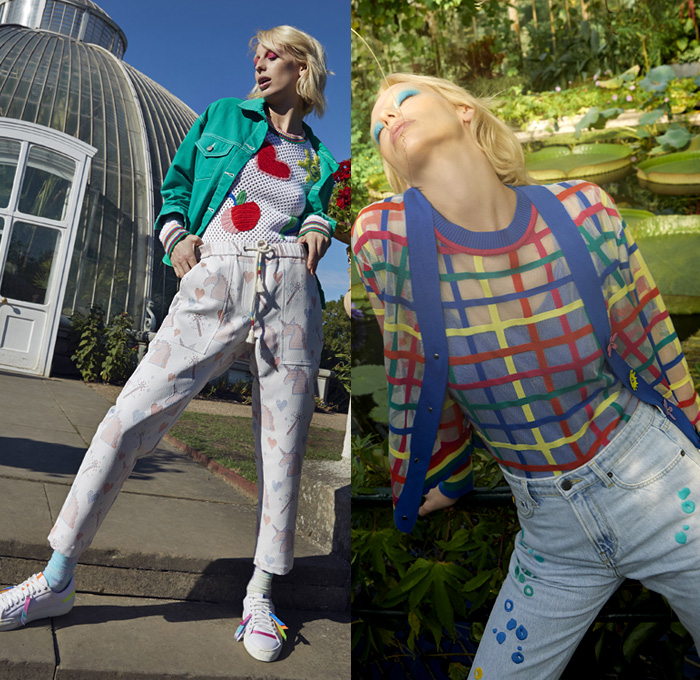 Mira Mikati 2019 Spring Summer Womens Lookbook Presentation - Mode à Paris Fashion Week France - Fairy Tales Frog Prince White Rabbit Unicorn Butterfly Hearts Sun Garden Flowers Floral Stripes Magic Marker Art Gradient Drawings Illustration Motif Knit Crochet Outerwear Coat Denim Jeans Bomber Jacket Check Sheer Embroidery Noodle Strap Dress Sweater Onesie Jumpsuit Dungarees Sneakers