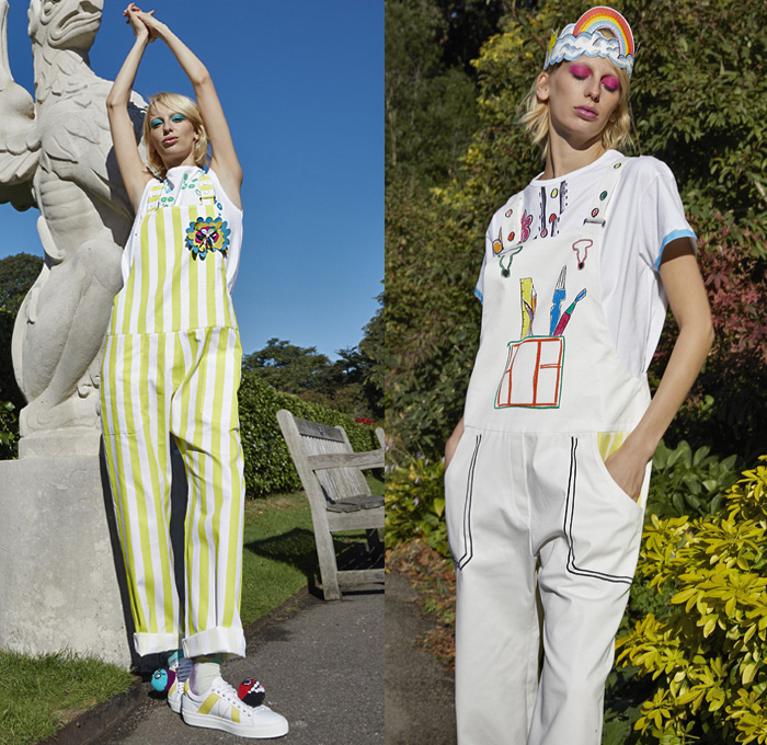 Mira Mikati 2019 Spring Summer Womens Lookbook Presentation - Mode à Paris Fashion Week France - Fairy Tales Frog Prince White Rabbit Unicorn Butterfly Hearts Sun Garden Flowers Floral Stripes Magic Marker Art Gradient Drawings Illustration Motif Knit Crochet Outerwear Coat Denim Jeans Bomber Jacket Check Sheer Embroidery Noodle Strap Dress Sweater Onesie Jumpsuit Dungarees Sneakers