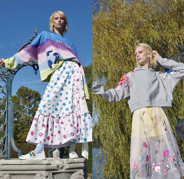 Mira Mikati 2019 Spring Summer Womens Lookbook Presentation - Mode à Paris Fashion Week France - Fairy Tales Frog Prince White Rabbit Unicorn Butterfly Hearts Sun Garden Flowers Floral Stripes Magic Marker Art Gradient Drawings Illustration Motif Knit Crochet Outerwear Coat Denim Jeans Bomber Jacket Check Sheer Embroidery Noodle Strap Dress Sweater Onesie Jumpsuit Dungarees Sneakers