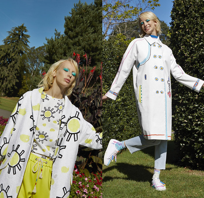 Mira Mikati 2019 Spring Summer Womens Lookbook Presentation - Mode à Paris Fashion Week France - Fairy Tales Frog Prince White Rabbit Unicorn Butterfly Hearts Sun Garden Flowers Floral Stripes Magic Marker Art Gradient Drawings Illustration Motif Knit Crochet Outerwear Coat Denim Jeans Bomber Jacket Check Sheer Embroidery Noodle Strap Dress Sweater Onesie Jumpsuit Dungarees Sneakers