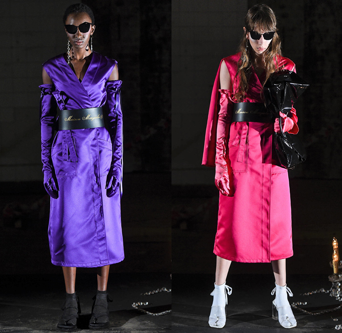 MM6 Maison Margiela 2019 Spring Summer Womens Lookbook Presentation - London Fashion Week Collections UK - Chandelier Arm Cuffs Victorian Ruffles Leather Zipper Silk Satin Duchess Buttons Loungwear Sleepwear AIDES Print Armhole Slits Hanging Sleeve Chocolate Bag Dress Pistachio Patchwork Denim Jeans Sweatshirt Sunglasses Flip Flops Opera Gloves Tabard Kimono Wrap Crystals Gemstones Tassels Leg O'Mutton Poufy Shoulders Pantsuit Accordion Pleats Plastic Vest Biker Boots