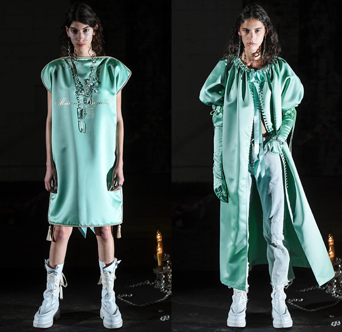 MM6 Maison Margiela 2019 Spring Summer Womens Lookbook Presentation - London Fashion Week Collections UK - Chandelier Arm Cuffs Victorian Ruffles Leather Zipper Silk Satin Duchess Buttons Loungwear Sleepwear AIDES Print Armhole Slits Hanging Sleeve Chocolate Bag Dress Pistachio Patchwork Denim Jeans Sweatshirt Sunglasses Flip Flops Opera Gloves Tabard Kimono Wrap Crystals Gemstones Tassels Leg O'Mutton Poufy Shoulders Pantsuit Accordion Pleats Plastic Vest Biker Boots