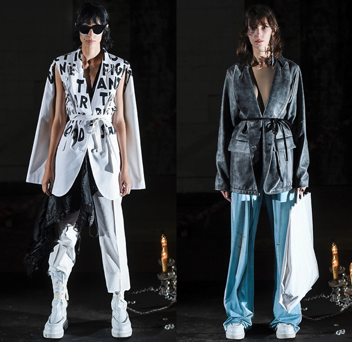 MM6 Maison Margiela 2019 Spring Summer Womens Lookbook Presentation - London Fashion Week Collections UK - Chandelier Arm Cuffs Victorian Ruffles Leather Zipper Silk Satin Duchess Buttons Loungwear Sleepwear AIDES Print Armhole Slits Hanging Sleeve Chocolate Bag Dress Pistachio Patchwork Denim Jeans Sweatshirt Sunglasses Flip Flops Opera Gloves Tabard Kimono Wrap Crystals Gemstones Tassels Leg O'Mutton Poufy Shoulders Pantsuit Accordion Pleats Plastic Vest Biker Boots