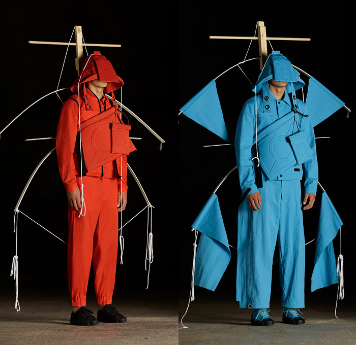 Moncler 5 Craig Green 2019 Spring Summer Mens Lookbook Presentation Moncler Genius Project - Milano Moda Donna Collezione Milan Fashion Week Italy - Windsurf Sailing Kites Nautical Maritime Flags Tents Structure Skeletal Wireframe Hood Grommets Parka Poncho Anorak Windbreaker Geometric Colorblock Drawstring Rope Wide Leg Cropped Pants Sticks Bucket Hat Messenger Bag Fanny Pack Pouch Bum Bag Satchel Sneakers