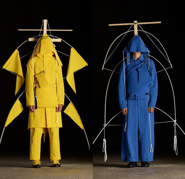 Moncler 5 Craig Green 2019 Spring Summer Mens Lookbook Presentation Moncler Genius Project - Milano Moda Donna Collezione Milan Fashion Week Italy - Windsurf Sailing Kites Nautical Maritime Flags Tents Structure Skeletal Wireframe Hood Grommets Parka Poncho Anorak Windbreaker Geometric Colorblock Drawstring Rope Wide Leg Cropped Pants Sticks Bucket Hat Messenger Bag Fanny Pack Pouch Bum Bag Satchel Sneakers