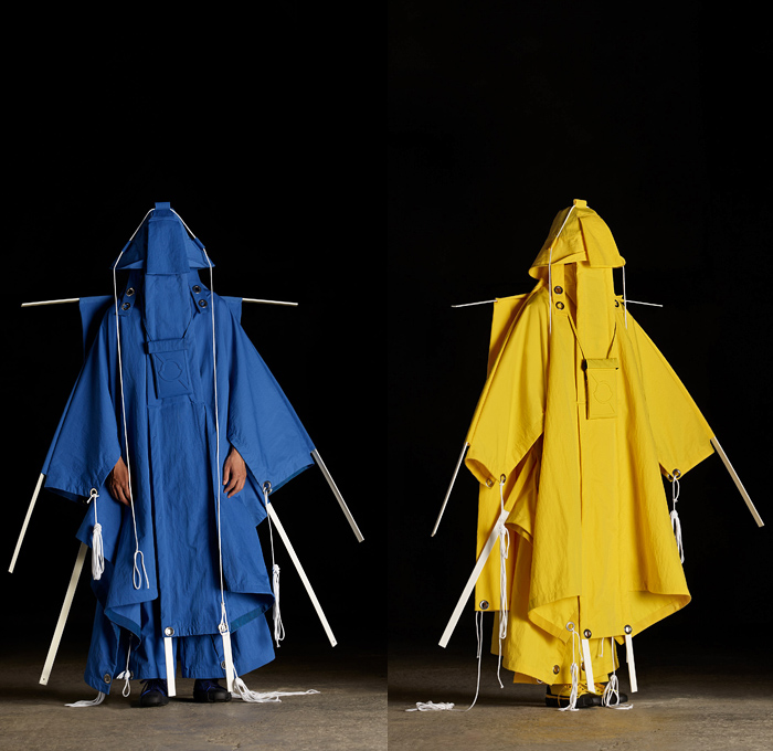 Moncler 5 Craig Green 2019 Spring Summer Mens Lookbook Presentation Moncler Genius Project - Milano Moda Donna Collezione Milan Fashion Week Italy - Windsurf Sailing Kites Nautical Maritime Flags Tents Structure Skeletal Wireframe Hood Grommets Parka Poncho Anorak Windbreaker Geometric Colorblock Drawstring Rope Wide Leg Cropped Pants Sticks Bucket Hat Messenger Bag Fanny Pack Pouch Bum Bag Satchel Sneakers