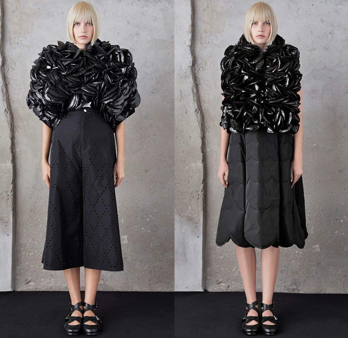 Moncler 6 Kei Ninomiya 2019 Spring Summer Womens Lookbook Presentation Moncler Genius Project - Milano Moda Donna Collezione Milan Fashion Week Italy - Sculptural Dimensional Organic Shape Trompe L'oeil 3D Quilted Puffer Down Mussels Bed Petals Dragon Armor Scales Logo Mania Flowers Floral Perforated Holes Hook Links Waffle Rope Weave Braid Ruffles Outerwear Jacket Harness Dress Cropped Wide Leg Pants Straps Girls School Shoes