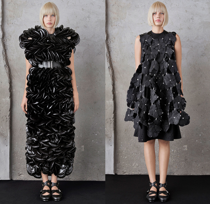 Moncler 6 Kei Ninomiya 2019 Spring Summer Womens Lookbook Presentation Moncler Genius Project - Milano Moda Donna Collezione Milan Fashion Week Italy - Sculptural Dimensional Organic Shape Trompe L'oeil 3D Quilted Puffer Down Mussels Bed Petals Dragon Armor Scales Logo Mania Flowers Floral Perforated Holes Hook Links Waffle Rope Weave Braid Ruffles Outerwear Jacket Harness Dress Cropped Wide Leg Pants Straps Girls School Shoes