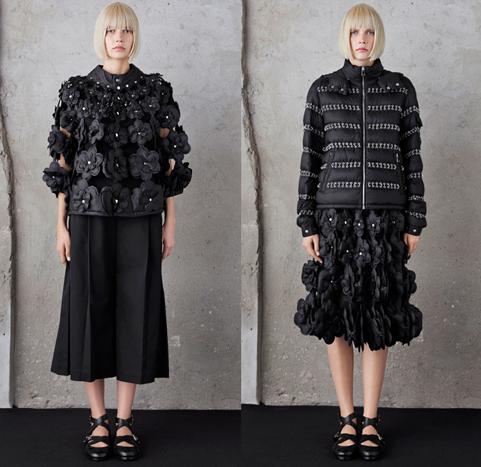 Moncler 6 Kei Ninomiya 2019 Spring Summer Womens Lookbook Presentation Moncler Genius Project - Milano Moda Donna Collezione Milan Fashion Week Italy - Sculptural Dimensional Organic Shape Trompe L'oeil 3D Quilted Puffer Down Mussels Bed Petals Dragon Armor Scales Logo Mania Flowers Floral Perforated Holes Hook Links Waffle Rope Weave Braid Ruffles Outerwear Jacket Harness Dress Cropped Wide Leg Pants Straps Girls School Shoes