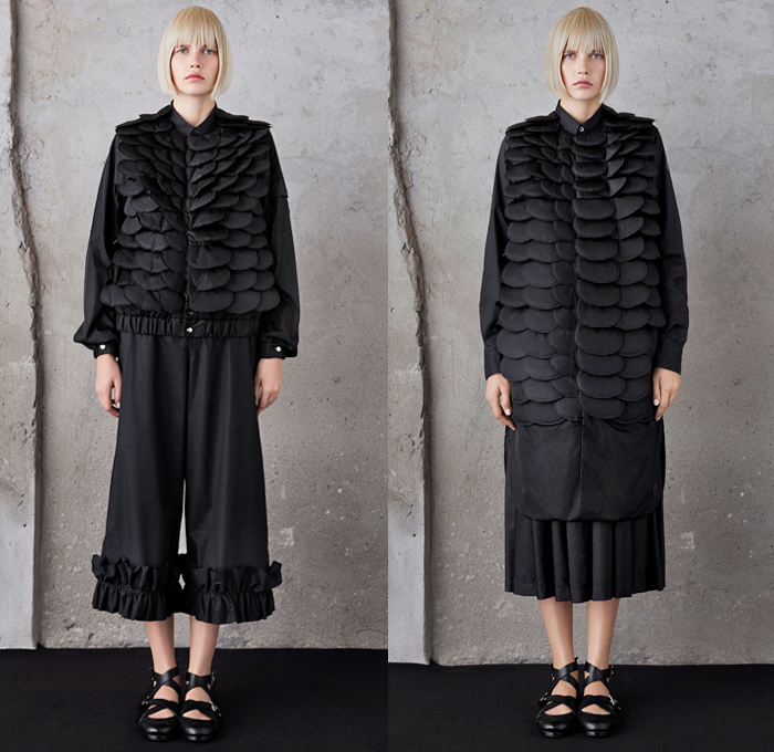 Moncler 6 Kei Ninomiya 2019 Spring Summer Womens Lookbook Presentation Moncler Genius Project - Milano Moda Donna Collezione Milan Fashion Week Italy - Sculptural Dimensional Organic Shape Trompe L'oeil 3D Quilted Puffer Down Mussels Bed Petals Dragon Armor Scales Logo Mania Flowers Floral Perforated Holes Hook Links Waffle Rope Weave Braid Ruffles Outerwear Jacket Harness Dress Cropped Wide Leg Pants Straps Girls School Shoes