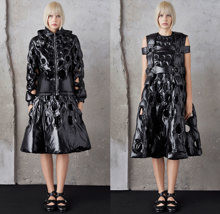 Moncler 6 Kei Ninomiya 2019 Spring Summer Womens Lookbook Presentation Moncler Genius Project - Milano Moda Donna Collezione Milan Fashion Week Italy - Sculptural Dimensional Organic Shape Trompe L'oeil 3D Quilted Puffer Down Mussels Bed Petals Dragon Armor Scales Logo Mania Flowers Floral Perforated Holes Hook Links Waffle Rope Weave Braid Ruffles Outerwear Jacket Harness Dress Cropped Wide Leg Pants Straps Girls School Shoes