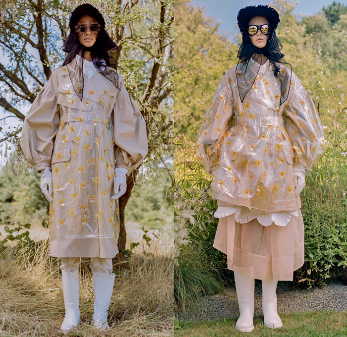 Moncler 4 Simone Rocha 2019 Spring Summer Womens Lookbook Presentation Moncler Genius Project - Milano Moda Donna Collezione Milan Fashion Week Italy - Victorian Handmaid Gardening Tools Floppy Hat Sheer Chiffon Organza Tulle Scarf Trench Coat Plastic Raincoat Gloves Flowers Floral Adorned Ruffles Lace Broderie Anglaise Dress Tote Handbag Sunglasses Furry Sandals Wellington Boots Galoshes 