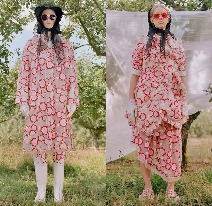 Moncler 4 Simone Rocha 2019 Spring Summer Womens Lookbook Presentation Moncler Genius Project - Milano Moda Donna Collezione Milan Fashion Week Italy - Victorian Handmaid Gardening Tools Floppy Hat Sheer Chiffon Organza Tulle Scarf Trench Coat Plastic Raincoat Gloves Flowers Floral Adorned Ruffles Lace Broderie Anglaise Dress Tote Handbag Sunglasses Furry Sandals Wellington Boots Galoshes 