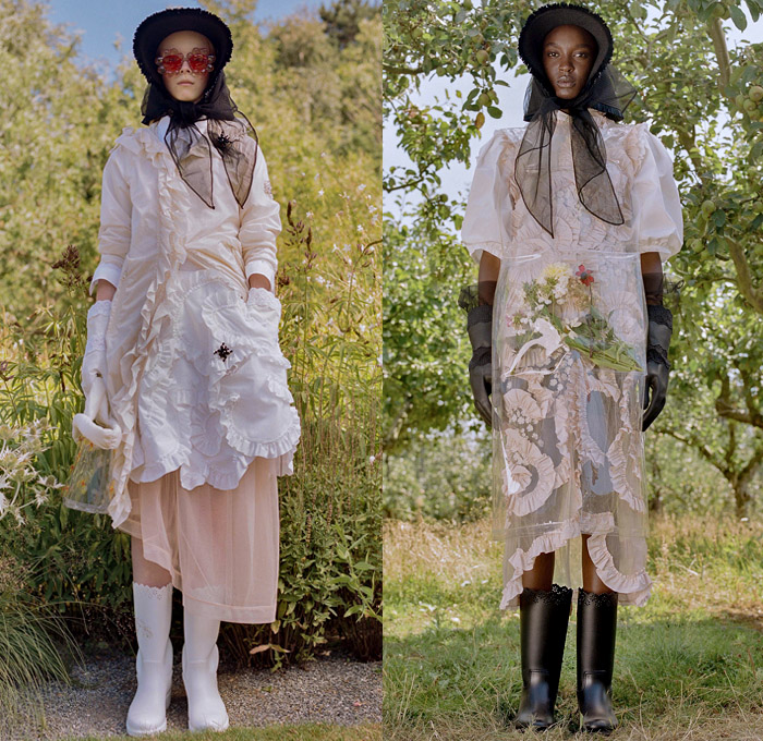 Moncler 4 Simone Rocha 2019 Spring Summer Womens Lookbook Presentation Moncler Genius Project - Milano Moda Donna Collezione Milan Fashion Week Italy - Victorian Handmaid Gardening Tools Floppy Hat Sheer Chiffon Organza Tulle Scarf Trench Coat Plastic Raincoat Gloves Flowers Floral Adorned Ruffles Lace Broderie Anglaise Dress Tote Handbag Sunglasses Furry Sandals Wellington Boots Galoshes 