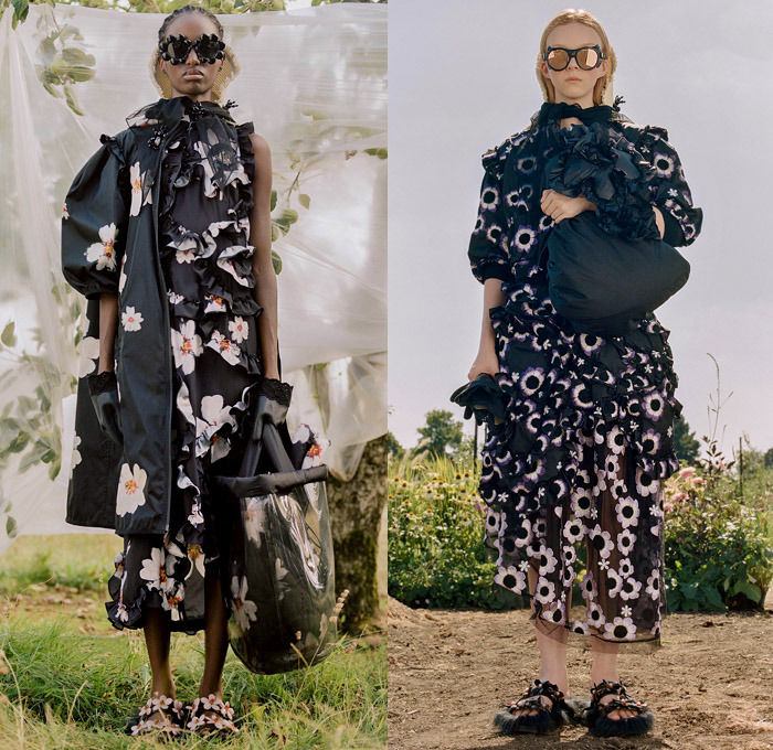 Moncler 4 Simone Rocha 2019 Spring Summer Womens Lookbook Presentation Moncler Genius Project - Milano Moda Donna Collezione Milan Fashion Week Italy - Victorian Handmaid Gardening Tools Floppy Hat Sheer Chiffon Organza Tulle Scarf Trench Coat Plastic Raincoat Gloves Flowers Floral Adorned Ruffles Lace Broderie Anglaise Dress Tote Handbag Sunglasses Furry Sandals Wellington Boots Galoshes 