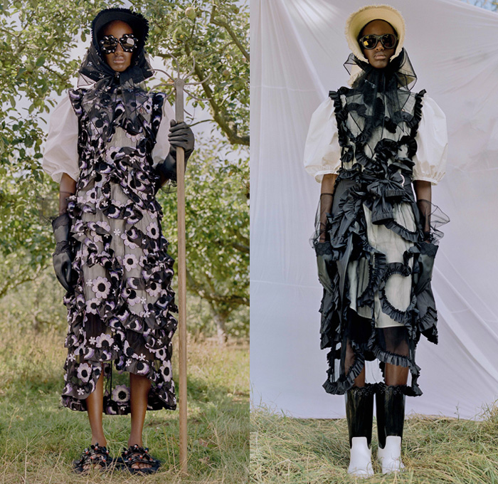 Moncler 4 Simone Rocha 2019 Spring Summer Womens Lookbook Presentation Moncler Genius Project - Milano Moda Donna Collezione Milan Fashion Week Italy - Victorian Handmaid Gardening Tools Floppy Hat Sheer Chiffon Organza Tulle Scarf Trench Coat Plastic Raincoat Gloves Flowers Floral Adorned Ruffles Lace Broderie Anglaise Dress Tote Handbag Sunglasses Furry Sandals Wellington Boots Galoshes 