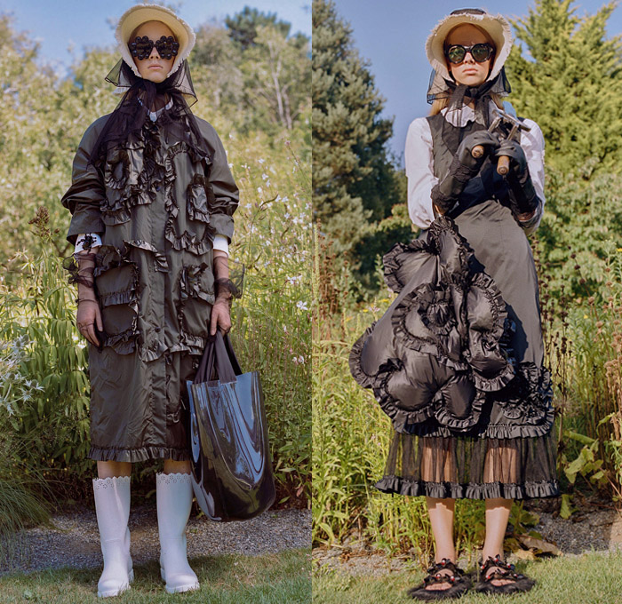 Moncler 4 Simone Rocha 2019 Spring Summer Womens Lookbook Presentation Moncler Genius Project - Milano Moda Donna Collezione Milan Fashion Week Italy - Victorian Handmaid Gardening Tools Floppy Hat Sheer Chiffon Organza Tulle Scarf Trench Coat Plastic Raincoat Gloves Flowers Floral Adorned Ruffles Lace Broderie Anglaise Dress Tote Handbag Sunglasses Furry Sandals Wellington Boots Galoshes 