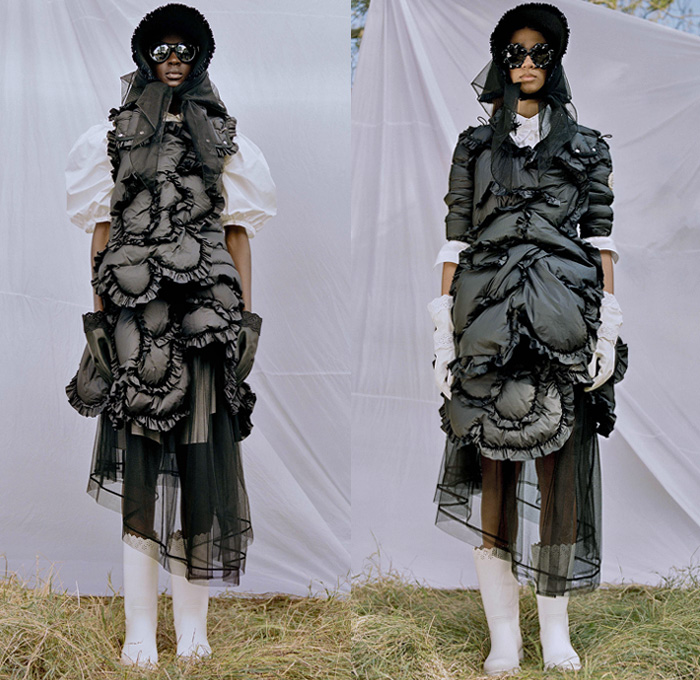 Moncler 4 Simone Rocha 2019 Spring Summer Womens Lookbook Presentation Moncler Genius Project - Milano Moda Donna Collezione Milan Fashion Week Italy - Victorian Handmaid Gardening Tools Floppy Hat Sheer Chiffon Organza Tulle Scarf Trench Coat Plastic Raincoat Gloves Flowers Floral Adorned Ruffles Lace Broderie Anglaise Dress Tote Handbag Sunglasses Furry Sandals Wellington Boots Galoshes 