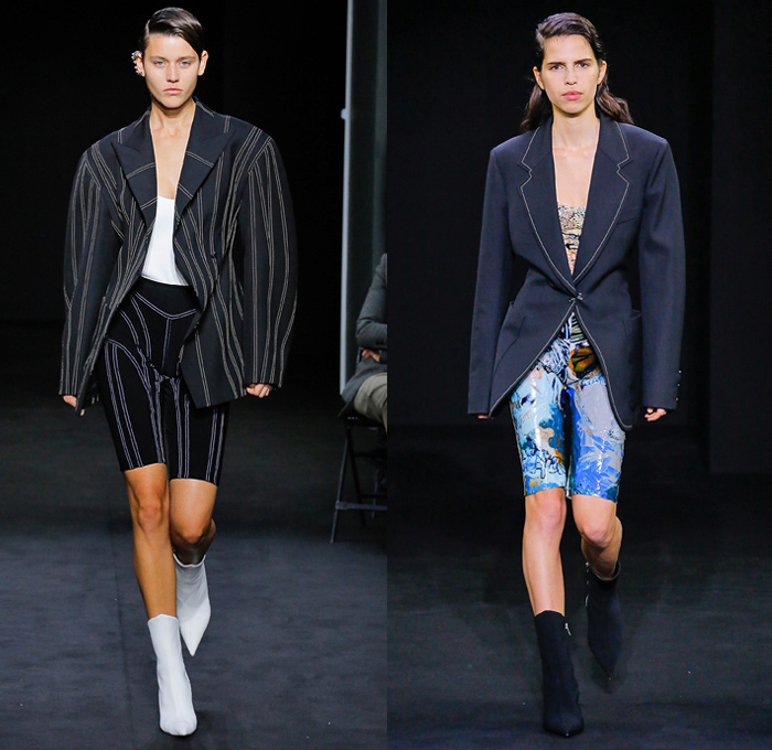 Mugler 2019 Spring Summer Womens Runway Catwalk Looks Collection - Mode à Paris Fashion Week France - Multicolor Paint Splash Liquid Latex Bra Dress Bodysuit Corset Silk Parachute Nylon Flou Lycra Bike Cycling Shorts Sculpted Spiral-Seam Denim Jeans Contrast Stitching Outerwear Overcoat Plastic Rainwear Blazer Lace Up Hooks Cinch Skirt O-Ring Boots