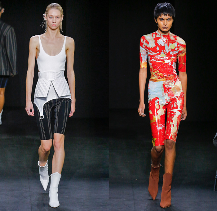 Mugler 2019 Spring Summer Womens Runway Catwalk Looks Collection - Mode à Paris Fashion Week France - Multicolor Paint Splash Liquid Latex Bra Dress Bodysuit Corset Silk Parachute Nylon Flou Lycra Bike Cycling Shorts Sculpted Spiral-Seam Denim Jeans Contrast Stitching Outerwear Overcoat Plastic Rainwear Blazer Lace Up Hooks Cinch Skirt O-Ring Boots