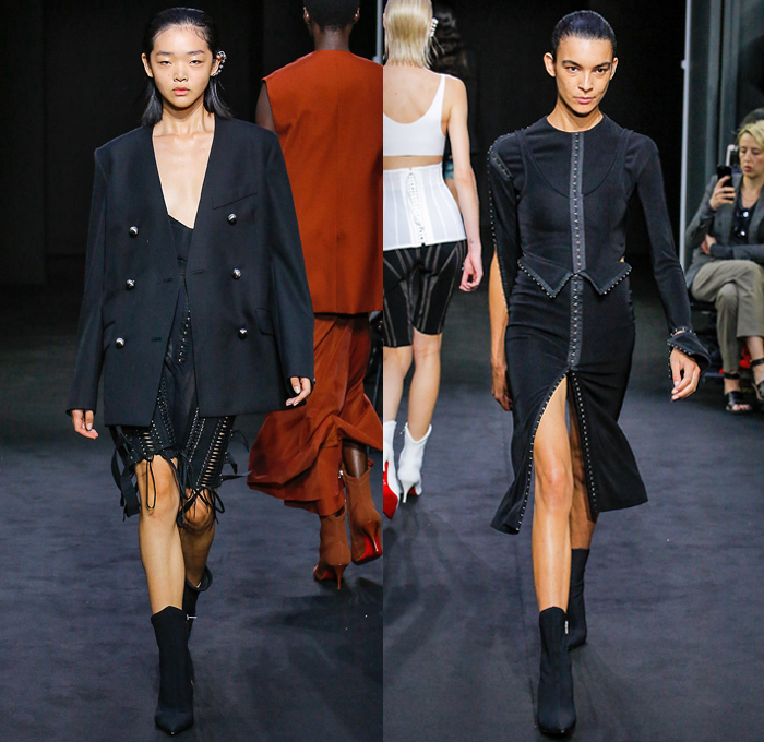 Mugler 2019 Spring Summer Womens Runway Catwalk Looks Collection - Mode à Paris Fashion Week France - Multicolor Paint Splash Liquid Latex Bra Dress Bodysuit Corset Silk Parachute Nylon Flou Lycra Bike Cycling Shorts Sculpted Spiral-Seam Denim Jeans Contrast Stitching Outerwear Overcoat Plastic Rainwear Blazer Lace Up Hooks Cinch Skirt O-Ring Boots