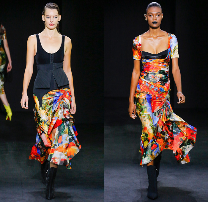 Mugler 2019 Spring Summer Womens Runway Catwalk Looks Collection - Mode à Paris Fashion Week France - Multicolor Paint Splash Liquid Latex Bra Dress Bodysuit Corset Silk Parachute Nylon Flou Lycra Bike Cycling Shorts Sculpted Spiral-Seam Denim Jeans Contrast Stitching Outerwear Overcoat Plastic Rainwear Blazer Lace Up Hooks Cinch Skirt O-Ring Boots