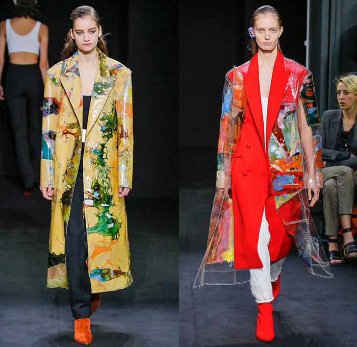 Mugler 2019 Spring Summer Womens Runway Catwalk Looks Collection - Mode à Paris Fashion Week France - Multicolor Paint Splash Liquid Latex Bra Dress Bodysuit Corset Silk Parachute Nylon Flou Lycra Bike Cycling Shorts Sculpted Spiral-Seam Denim Jeans Contrast Stitching Outerwear Overcoat Plastic Rainwear Blazer Lace Up Hooks Cinch Skirt O-Ring Boots