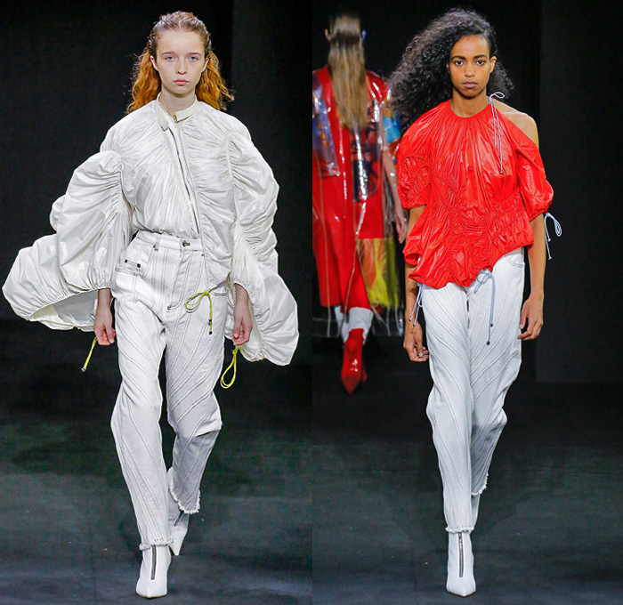 Mugler 2019 Spring Summer Womens Runway Catwalk Looks Collection - Mode à Paris Fashion Week France - Multicolor Paint Splash Liquid Latex Bra Dress Bodysuit Corset Silk Parachute Nylon Flou Lycra Bike Cycling Shorts Sculpted Spiral-Seam Denim Jeans Contrast Stitching Outerwear Overcoat Plastic Rainwear Blazer Lace Up Hooks Cinch Skirt O-Ring Boots