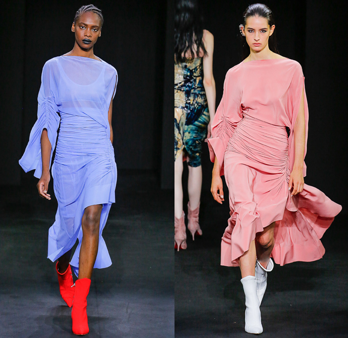 Mugler 2019 Spring Summer Womens Runway Catwalk Looks Collection - Mode à Paris Fashion Week France - Multicolor Paint Splash Liquid Latex Bra Dress Bodysuit Corset Silk Parachute Nylon Flou Lycra Bike Cycling Shorts Sculpted Spiral-Seam Denim Jeans Contrast Stitching Outerwear Overcoat Plastic Rainwear Blazer Lace Up Hooks Cinch Skirt O-Ring Boots