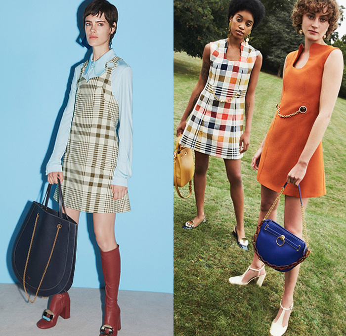 Mulberry 2019 Spring Summer Womens Lookbook Presentation Johnny Coca - Mode à Paris Fashion Week France - Retro 1960s Sixties Mod Look Coatdress Pea Jacket Miniskirt Plaid Check Tartan Decorative Bedazzled Buttons Blouse Sheer Chiffon Ruffles Maxi Dress Scoop Neck Halter Top Curved Hem Scales Plastic Rainwear Knit Crochet Mesh Hat Liquefy Print Leggings Slim Boots Handbag Tote