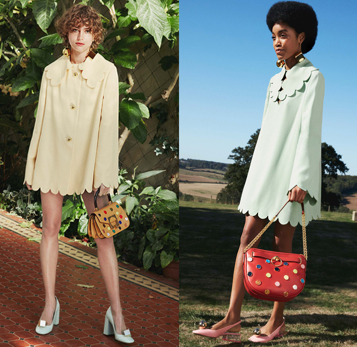 Mulberry 2019 Spring Summer Womens Lookbook Presentation Johnny Coca - Mode à Paris Fashion Week France - Retro 1960s Sixties Mod Look Coatdress Pea Jacket Miniskirt Plaid Check Tartan Decorative Bedazzled Buttons Blouse Sheer Chiffon Ruffles Maxi Dress Scoop Neck Halter Top Curved Hem Scales Plastic Rainwear Knit Crochet Mesh Hat Liquefy Print Leggings Slim Boots Handbag Tote